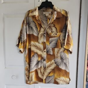 Brown and Yellow Casual Button Down Shirt with Earth-Tone Patterns